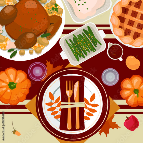 Thanksgiving table setting.
Turkey, pies, potatoes, plates, cutlery, napkins, glasses, pumpkins, fruits and decor. Autumn leaves and berries. Vector illustration. Top view