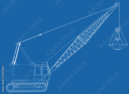 Dragline excavator. Construction equipment isolated vector. Heavy equipment vehicle. The layers of visible and invisible lines are separated. Wire-frame outline.