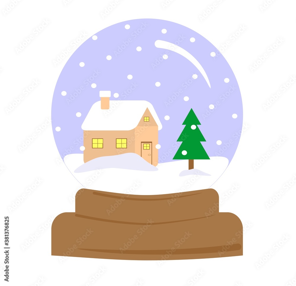 Snow globe with Christmas village in it. Vector image of a toy snow ball on a stand with a house and a spruce inside. Winter landscape with snowdrifts and snow on the roof of the house. Snow globe with Christmas village in it. Vector image of a toy snow ball on a stand with a house and a spruce inside. Winter landscape with snowdrifts and snow on the roof of the house.
