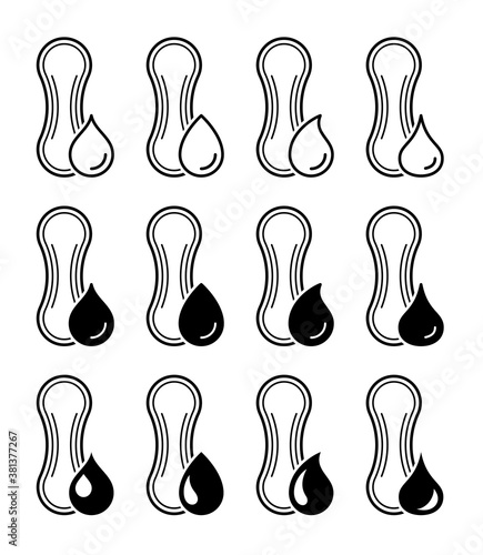 Flat linear design. Set of icons. A sanitary napkin with a drop. Information sign for packaging. Vector illustration.