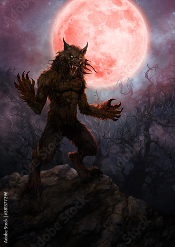 Photography Scary werewolf and full moon - digital illustration