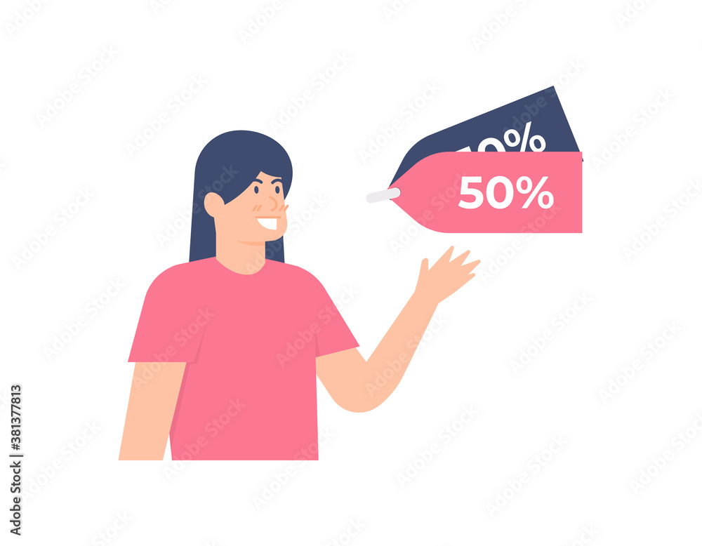illustration of a woman happy to get a 50% discount. shopping vouchers, coupons, gifts, bonuses, promotions. flat design. can be used for elements, landing pages, UI illustration of a woman happy to get a 50% discount. shopping vouchers, coupons, gifts, bonuses, promotions. flat design. can be used for elements, landing pages, UI
