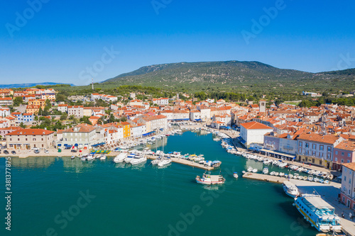Panoramic view of marina and old town of Cres on the island of Cres, Adriatic sea in Croatia