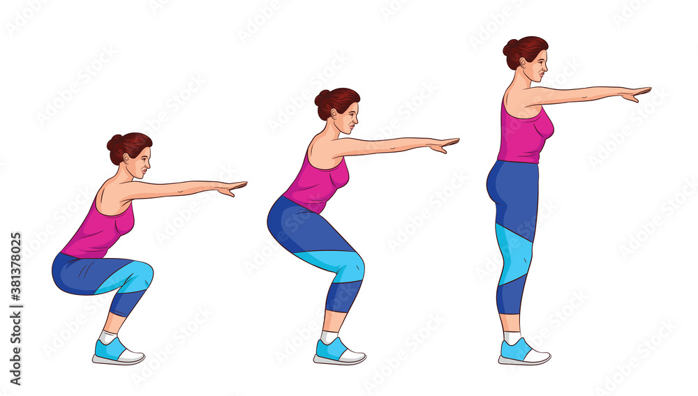 Fototapeta premium Color vector illustration isolated on white background. Side view girl trains with her own weight. Attractive girl in sportswear is exercising. Set for animation girl squats