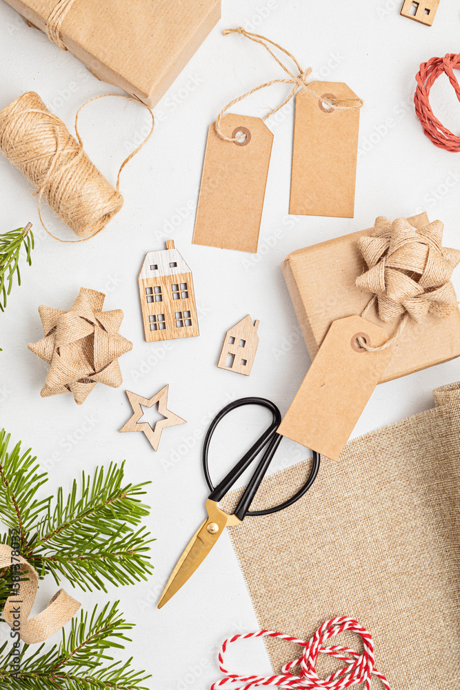 Eco friendly alternative green Xmas gifts wrapped with recycled craft paper Eco friendly alternative green Xmas gifts wrapped with recycled craft paper