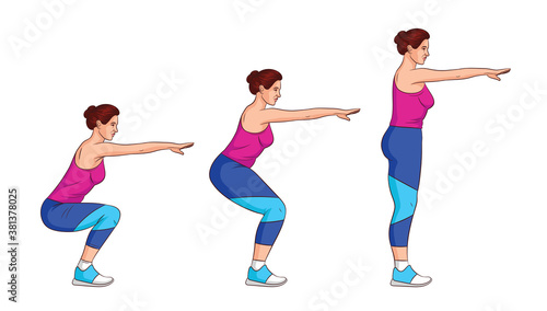 Color vector illustration isolated on white background. Side view girl trains with her own weight. Attractive girl in sportswear is exercising. Set for animation girl squats