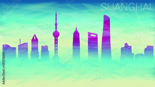 Shanghai China. Broken Glass Abstract Geometric Dynamic Textured. Banner Background. Colorful Shape Composition.