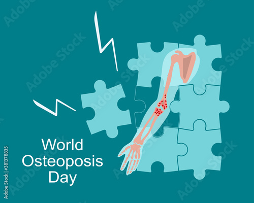 World Osteoporosis Day concept.Arthrosis human hand.Elbow joint disease and pain.Fragile and broken wrist bones falls apart by puzzles.Movement disability and rheumatism.Vitamin D calcium deficiency