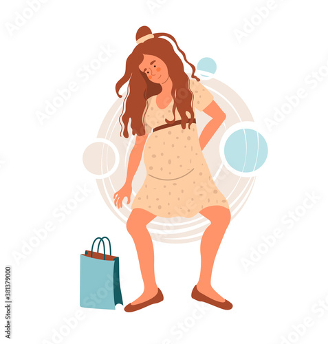 Young pregnant woman trying to lift a handbag. Pregnancy troubles. Flat vector illustration isolated on white.