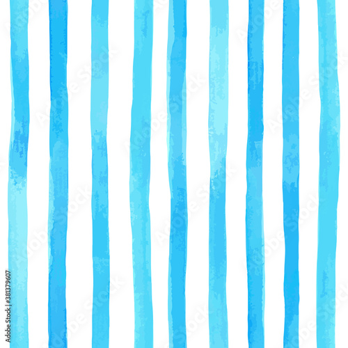 Beautiful seamless pattern with vertical blue watercolor stripes. hand painted brush strokes, striped background. Vector illustration