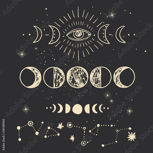 Vintage retro vintage engraving style. the sun, moon phases, crystals, magic symbols. print in the interior and design. vector graphics