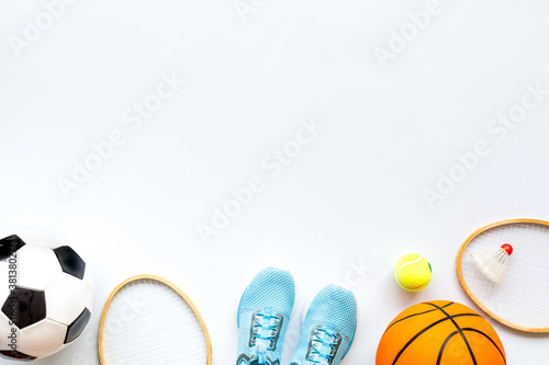 Set of sport games balls on white baclground top view copy space
