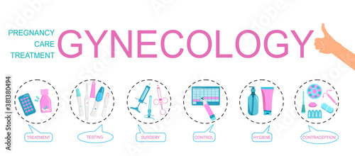 Gynecology word vector infographic illustration with icons for obstetrics,female treatment,baby planning,tools,pregnancy tests,contraception,hygiene.Bubble messages for every part of medical business