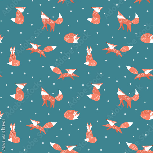 Winter seamless pattern with funny cartoon foxes. Woodland animals with snowflakes on green background. Flat vector illustration.