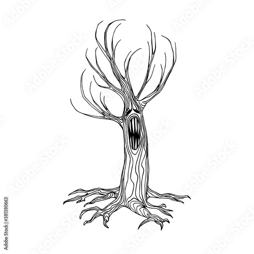 scary dry dead tree, the mystical character of Halloween holiday, monster with human face, vector illustration with black contour lines isolated on a white background in a doodle & hand drawn style