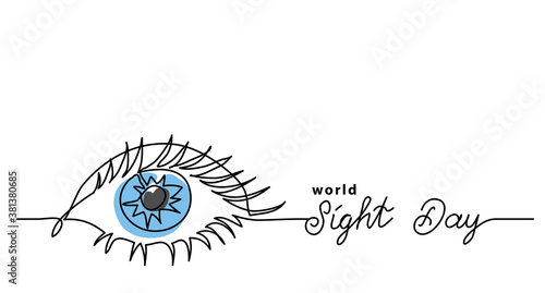 Worlad sight day minimalist web banner, background, poster. One continuous line drawing of eye with text Sight Day.