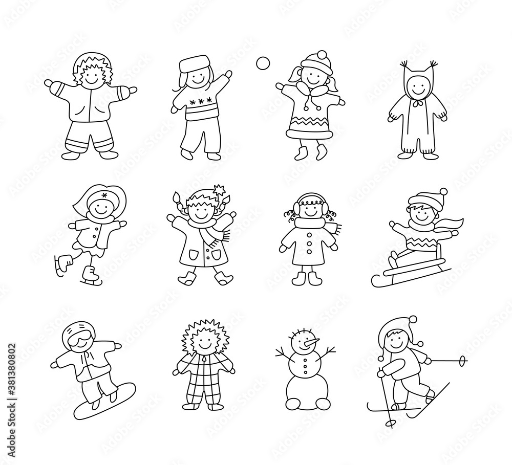Active children in winter. Cute kids play outdoor with snow. Set of doodle isolated vector objects on white background Active children in winter. Cute kids play outdoor with snow. Set of doodle isolated vector objects on white background