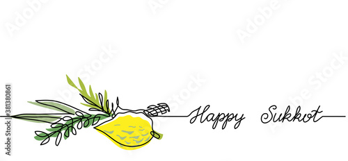 Happy Sukkot simple web banner, background.One continuous line drawing of lemon and green brunches with text Happy Sukkot.
