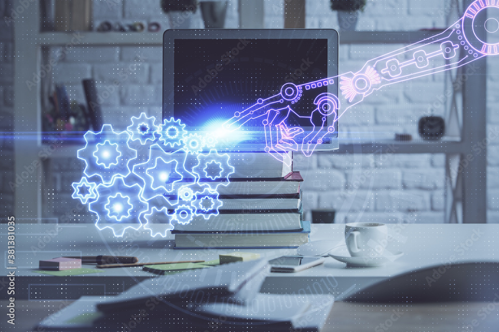 Multi exposure of desktop computer and technology theme hologram. Concept of software development. Multi exposure of desktop computer and technology theme hologram. Concept of software development.