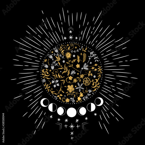 traditional classical folk floral embroidery. Vector illustration set of moon phases. Different stages of moonlight activity in vintage engraving style. Zodiac Signs