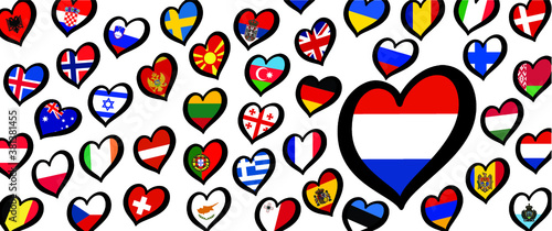 Netherlands, Holland or Dutch Eurovision europe contest song 2021 Funny euro country map heart flag logo symbol Fun music festival icon Songfestival hearts countries Rotterdam Europe  photo