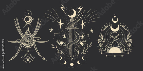 Vintage retro vintage engraving style. the sun, moon phases, crystals, magic symbols. print in the interior and design. vector graphics