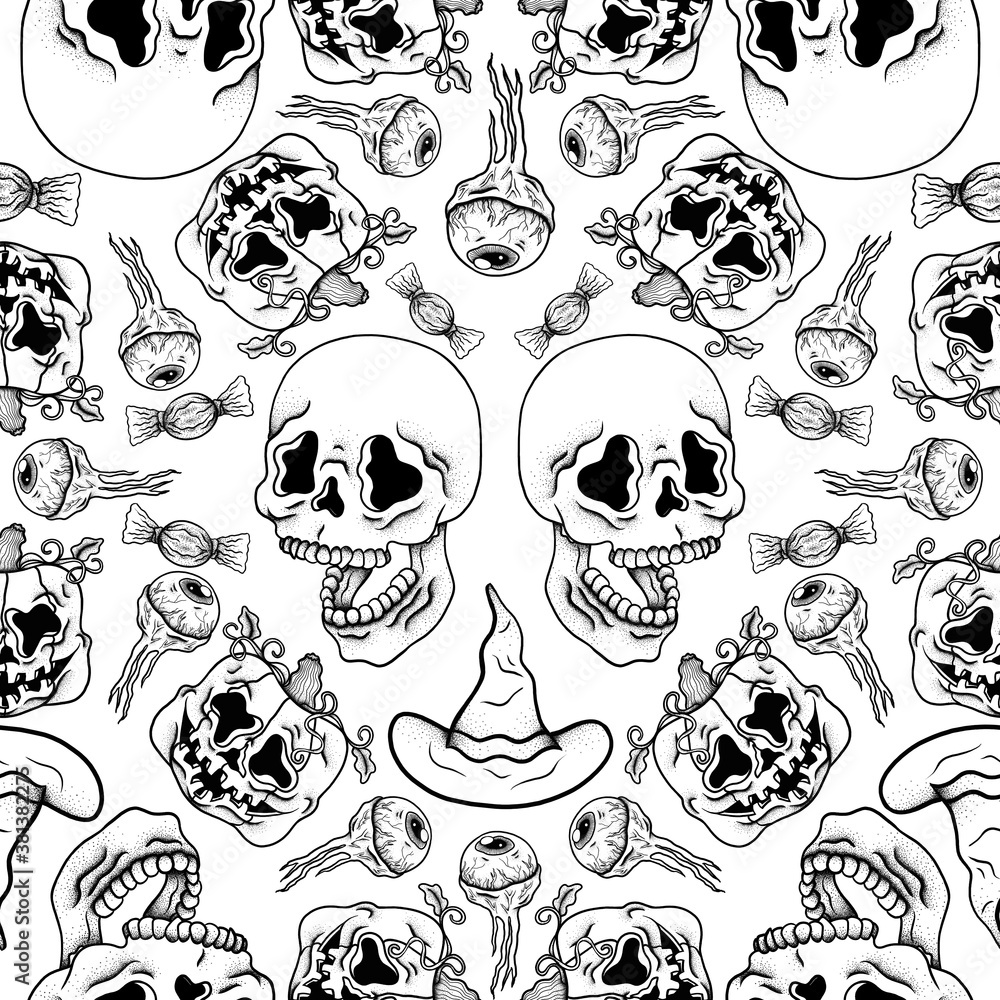 Fototapeta premium Halloween seamless pattern skull and pumpkin background
