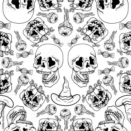 Halloween seamless pattern skull and pumpkin background