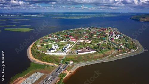 Aerial view of the island town of Sviyazhsk. Flight over Sviyazhsk town located on the island in Volga river in Russia