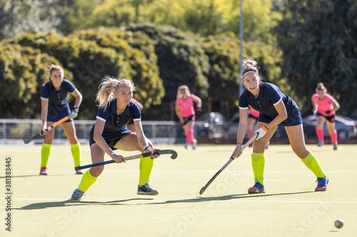 Two field hockey female players getting the ball