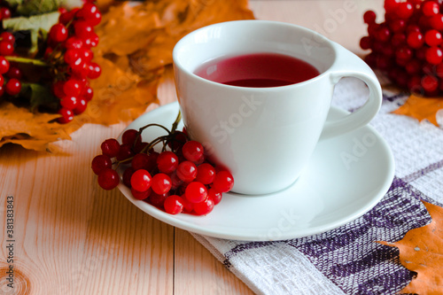 Autumn healthy beverages concept. Cup of tea with autumn berries viburnum and fall leaves. Drink with vitamin c