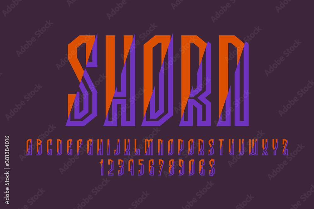 Shorn artistic display font. Complex orange purple letters, numbers and currency signs. Isolated vector english alphabet. Shorn artistic display font. Complex orange purple letters, numbers and currency signs. Isolated vector english alphabet.