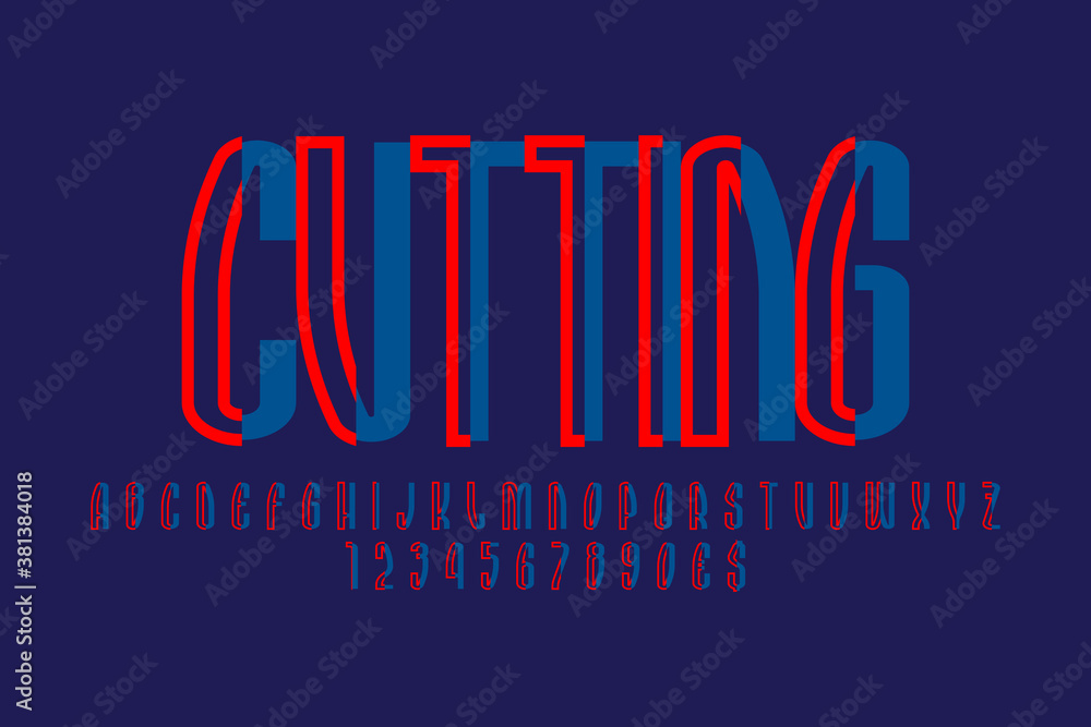 Cutting artistic display font. Puzzling red blue letters, numbers and currency signs. Isolated vector english alphabet. Cutting artistic display font. Puzzling red blue letters, numbers and currency signs. Isolated vector english alphabet.