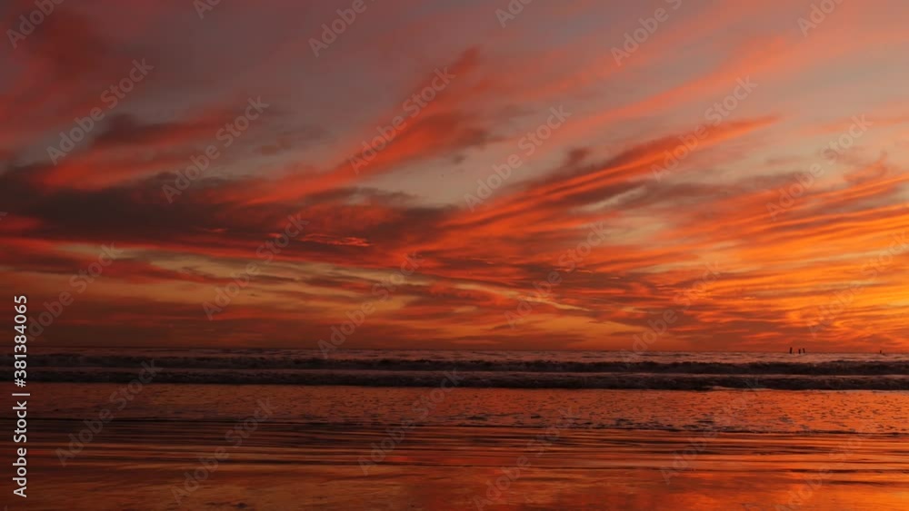 California summertime beach aesthetic, golden sunset. Vivid dramatic clouds over pacific ocean waves. Santa Monica popular resort, Los Angeles CA USA. Atmospheric moody purple evening sundown in LA.