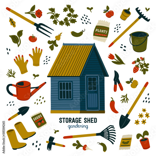 Storage shed. Blue storage shed and different types of tools for gardening and landscaping