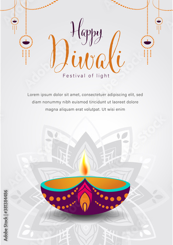 Happy Diwali or Deepavali Vector Illustration, Indian Festival of Diya Lights Poster Template, Diwali Celebration Flat Design, Suitable For Header Web Flyer and Background
