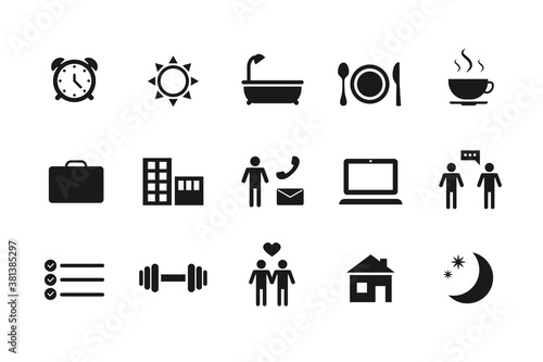 Daily Routine icons set. Lifestyle of a ordinar working person. Day schedule icons collection.