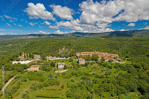 Panoramic aerial drone picture of Hum in Croatia  the smallest city in the world  during daytime