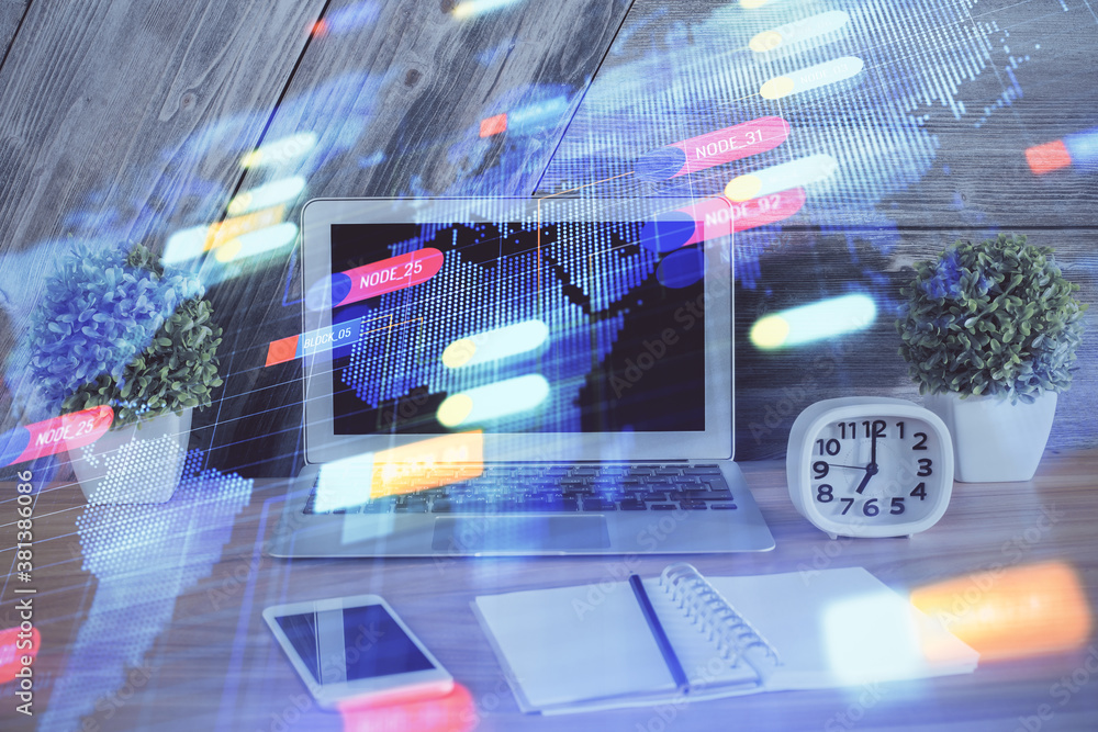 Double exposure of computer and technology theme hologram. Concept of freelance work. Double exposure of computer and technology theme hologram. Concept of freelance work.