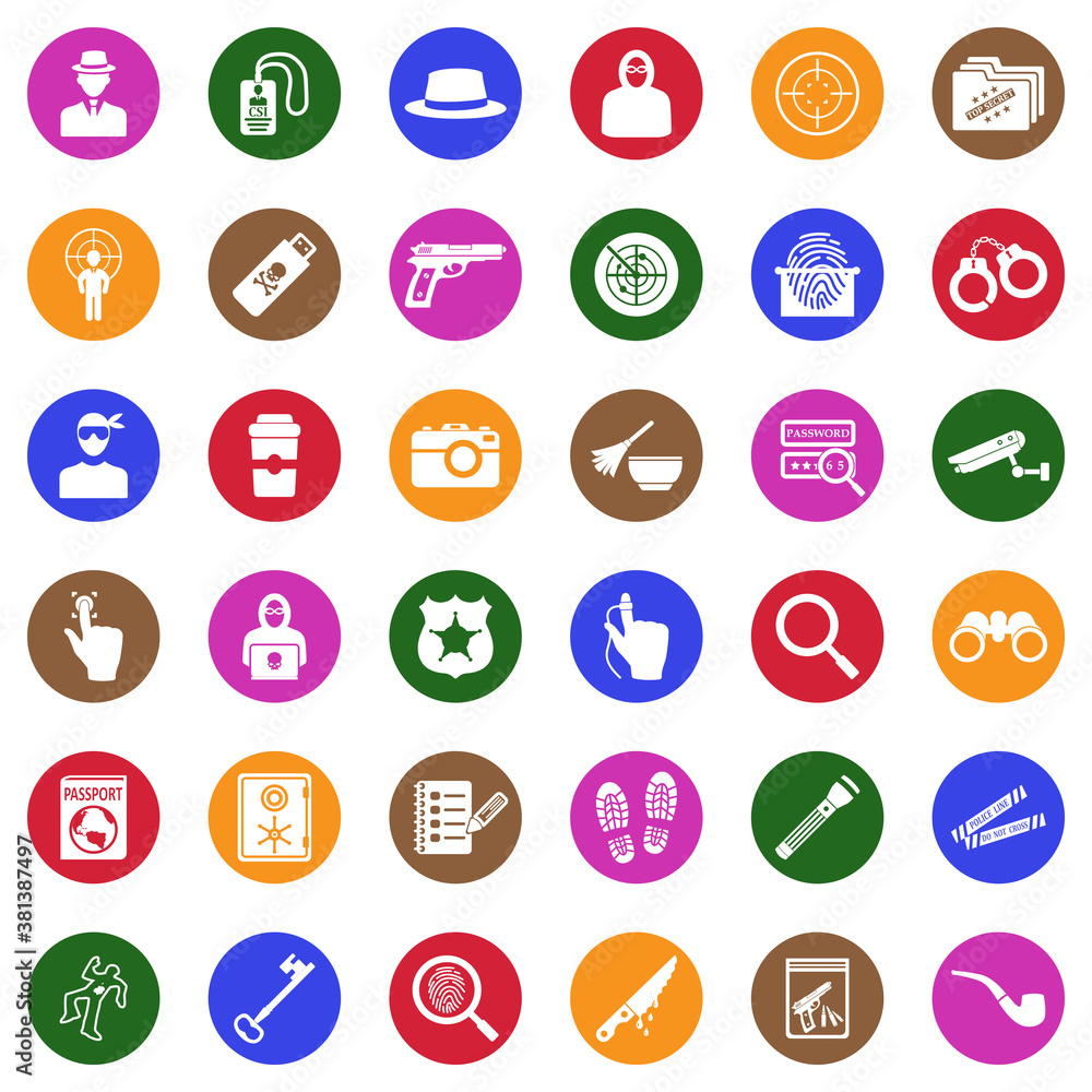 Detective Icons. White Flat Design In Circle. Vector Illustration. Detective Icons. White Flat Design In Circle. Vector Illustration.