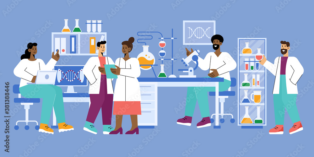 Scientists in science lab working on medical, chemical or biological laboratory reseach and test. Vector illustration