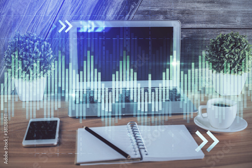 Multi exposure of forex graph and work space with computer. Concept of international online trading.