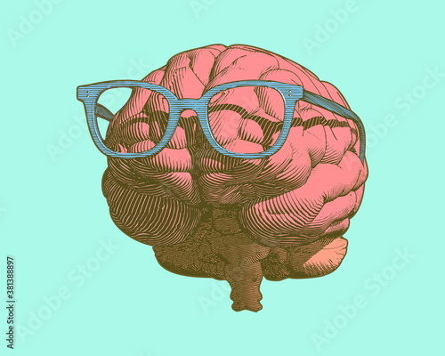 Retro brain with glasses illustration on green BG