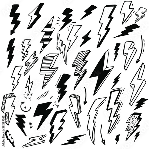 Lightning doodle set. Hand drawn thunder bolts, black line art and color. Vector illustration collection.