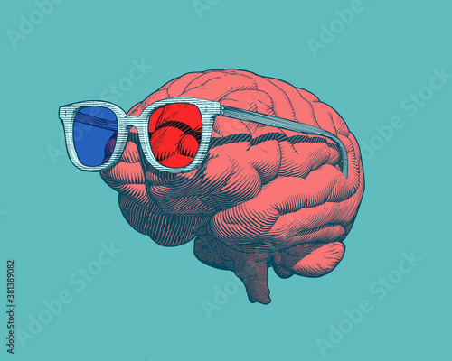 Retro brain with 3D glasses illustration on green BG