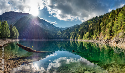 Panorama of mountain Lake Smaller Ritsa. Travel destination in Abkhazia