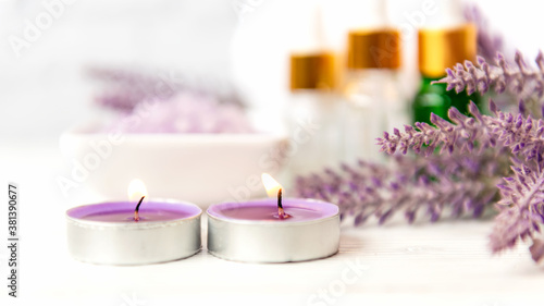 Spa beauty massage health wellness background.   Spa Thai therapy treatment aromatherapy for body woman with lavender flower nature candle for relax and summer time.