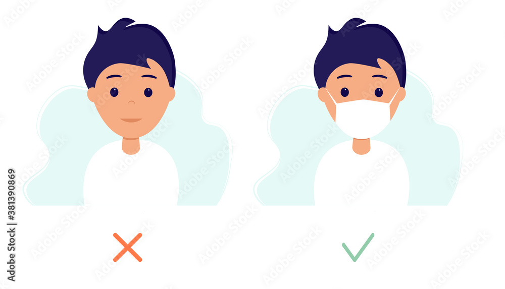 No face mask no entry. Man with and without face mask. Vector illustration in flat style. No face mask no entry. Man with and without face mask. Vector illustration in flat style.
