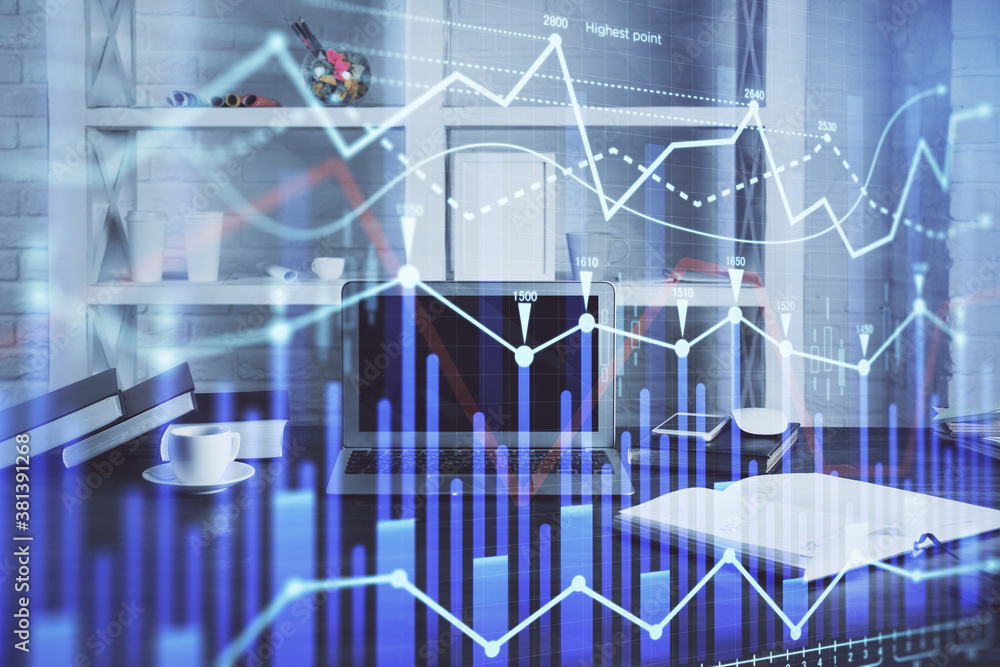 Stock market graph and table with computer background. Multi exposure. Concept of financial analysis. Stock market graph and table with computer background. Multi exposure. Concept of financial analysis.