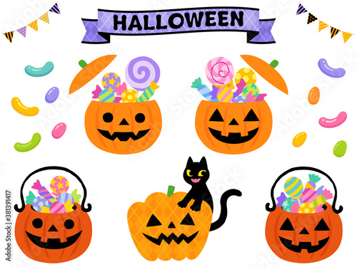 ハロウィンのキャンディポット＆バスケットのイラスト